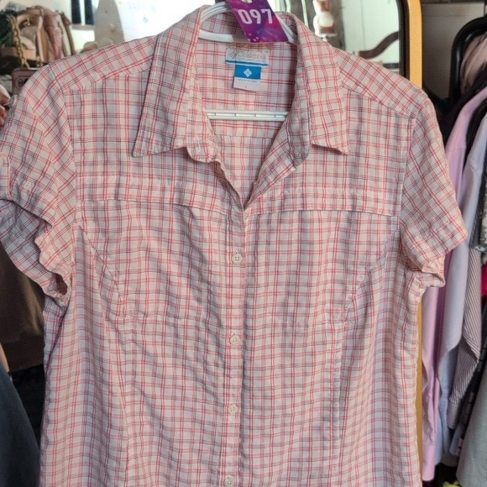 Columbia Pink and White Plaid Shirt